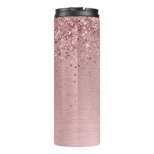 Blush Roze geborsteld metaal Glitter Monogram Naam Thermosbeker (Achterkant)