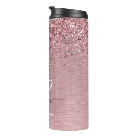 Blush Roze geborsteld metaal Glitter Monogram Naam Thermosbeker (Geroteerd rechts)