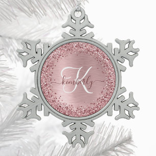 Blush Roze geborsteld metaal Glitter Monogram Naam Tin Sneeuwvlok Ornament