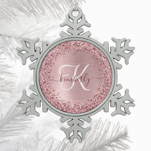 Blush Roze geborsteld metaal Glitter Monogram Naam Tin Sneeuwvlok Ornament