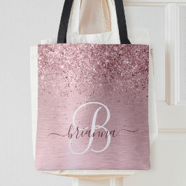 Blush Roze geborsteld metaal Glitter Monogram Naam Tote Bag