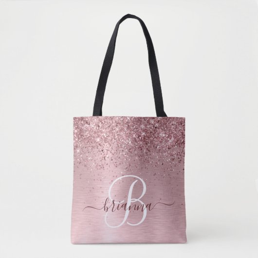Blush Roze geborsteld metaal Glitter Monogram Naam Tote Bag (Voorkant)