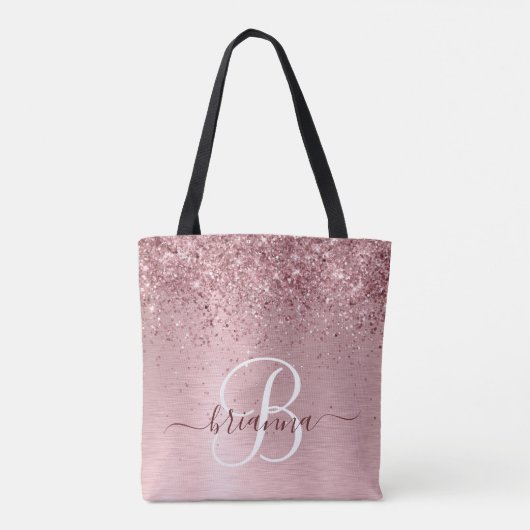 Blush Roze geborsteld metaal Glitter Monogram Naam Tote Bag (Achterkant)