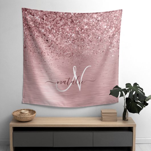 Blush Roze geborsteld metaal Glitter Monogram Naam Wandkleed