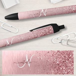 Blush Roze geborsteld metaal Glitter Monogram Naam Zwarte Inkt Pen
