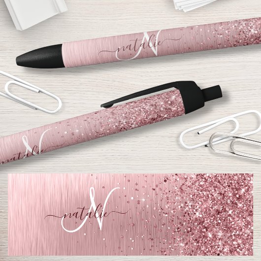 Blush Roze geborsteld metaal Glitter Monogram Naam Zwarte Inkt Pen