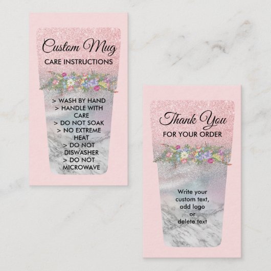 Blush Roze gedrukte Mok Tumbler Care Instructies Visitekaartje (Voorkant / Achterkant)