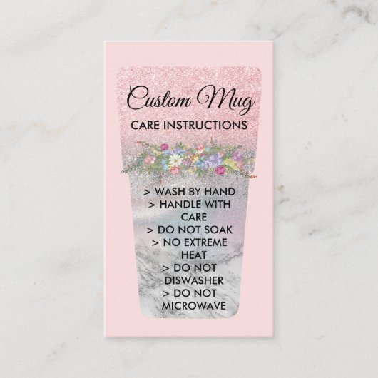 Blush Roze gedrukte Mok Tumbler Care Instructies Visitekaartje (Voorkant)