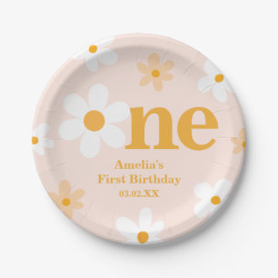 Blush Roze Geel Een Daisy 1e Verjaardagsfeest Papieren Bordje