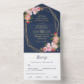 Blush roze Geometric Royal Blue Navy Weddenschap All In One Uitnodiging (Binnen)