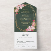 Blush roze Geometric Royal Green Wedding All In One Uitnodiging (Binnen)