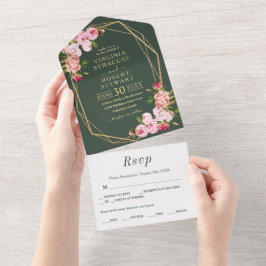 Blush roze Geometric Royal Green Wedding All In One Uitnodiging