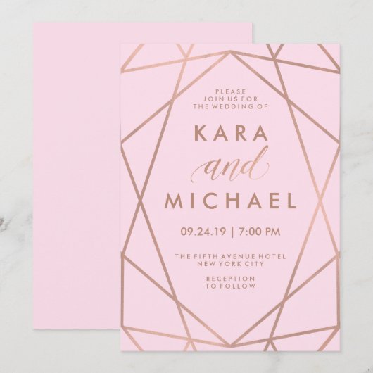 Blush roze geometrisch | Faux Roos Gold Wedding Kaart (Voorkant / Achterkant)