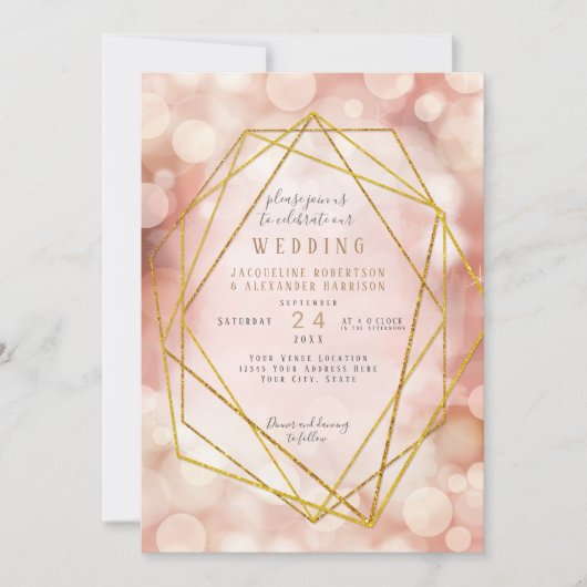 Blush roze geometrisch goud glitter twinkle lampje kaart (Voorkant)