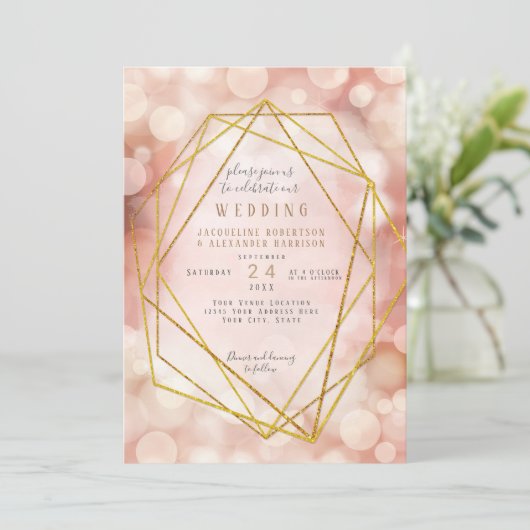 Blush roze geometrisch goud glitter twinkle lampje kaart (Staand voorkant)
