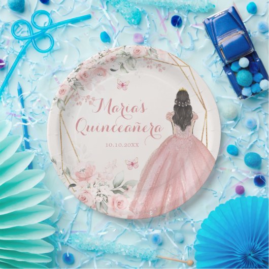 Blush Roze Geometrische Bloemen Prinses 15 Años Papieren Bordje (Feest)