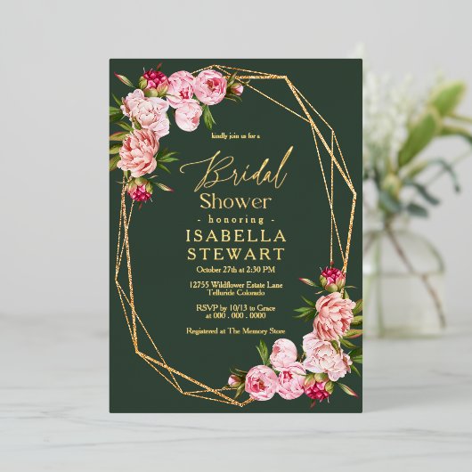 Blush roze geometrische donkergroene Vrijgezellenf Folie Uitnodiging (Staand Voorkant)