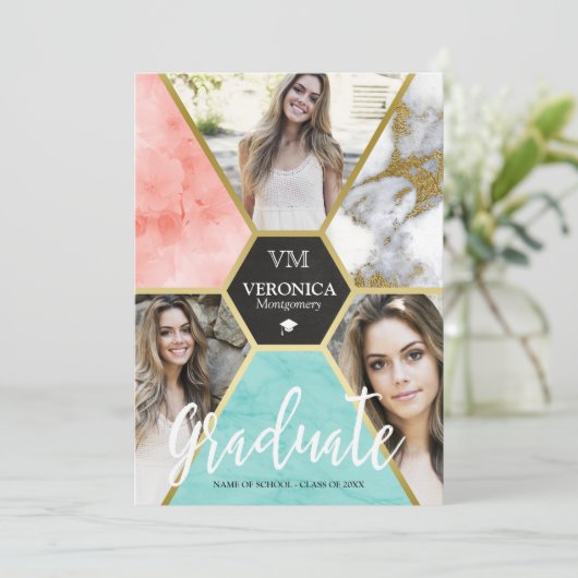 Blush Roze Geometrische fotocollage Afstuderen Aankondiging (Staand voorkant)