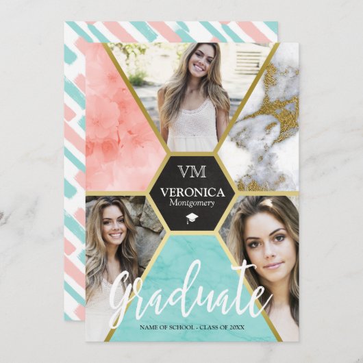 Blush Roze Geometrische fotocollage Afstuderen Aankondiging (Voorkant / Achterkant)