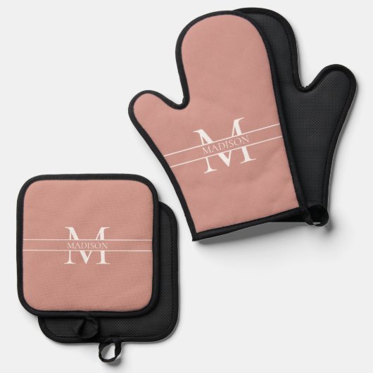 Blush Roze Gepersonaliseerde Monogrammed Aangepast Ovenwant & Pannenlap Set (Voorkant / Achterkant)