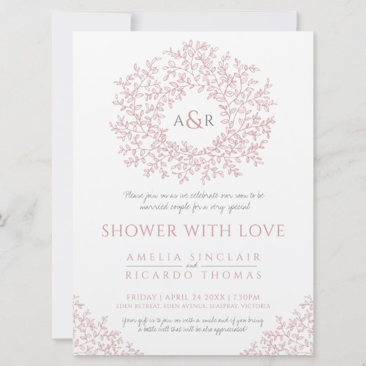Blush roze getrokken blad monogram koppels douche kaart (Voorkant)
