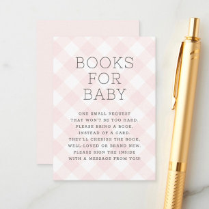 Blush roze Gingham Books for Baby shower Informatiekaartje