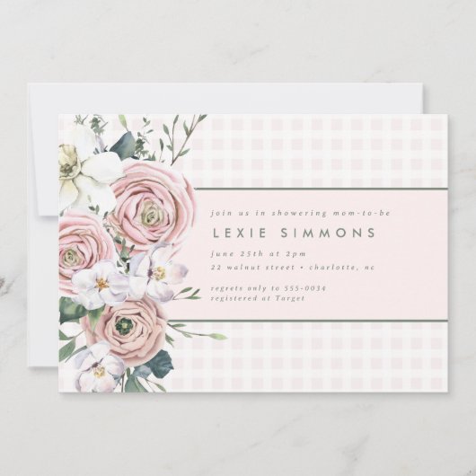 Blush Roze Gingham Flower Garden Baby Girl Shower Kaart (Voorkant)
