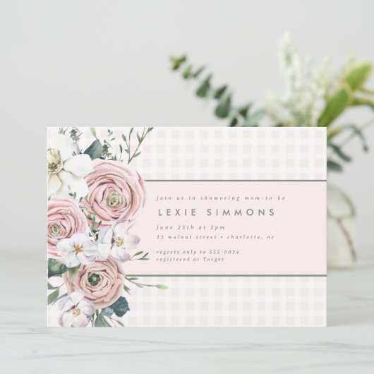 Blush Roze Gingham Flower Garden Baby Girl Shower Kaart (Staand voorkant)