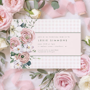 Blush Roze Gingham Flower Garden Baby Girl Shower Kaart