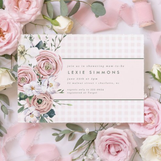 Blush Roze Gingham Flower Garden Baby Girl Shower Kaart