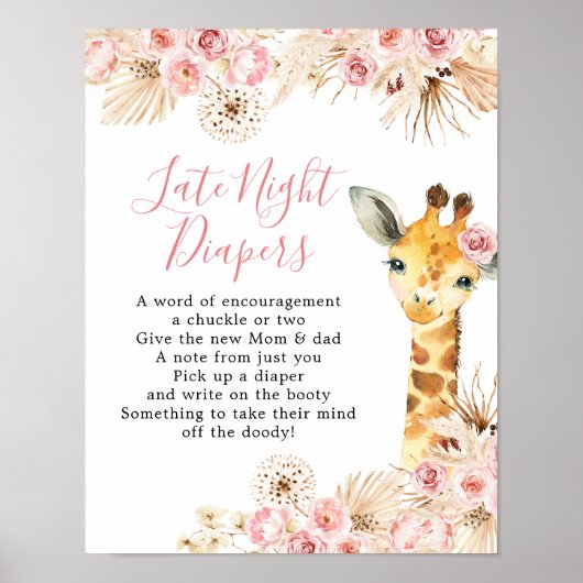 Blush Roze Giraffe Baby shower Late Night Luier Poster (Voorkant)