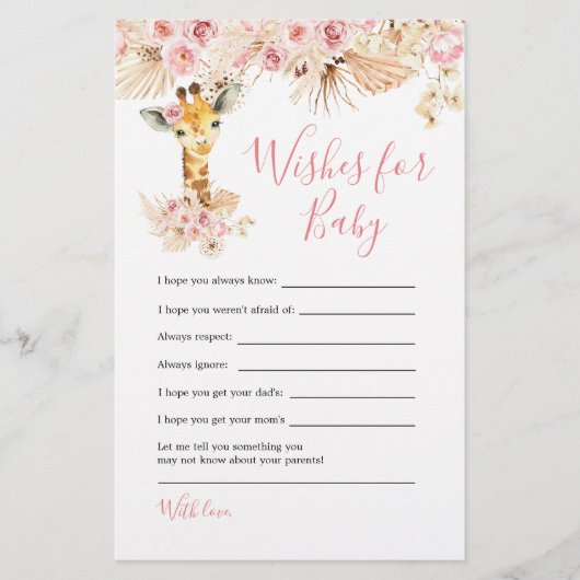 Blush Roze Giraffe Baby shower Wensen voor Baby (Voorkant)