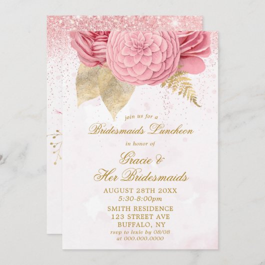 Blush roze glitter Bridesmaids Luncheon Uitnodigin (Voorkant / Achterkant)