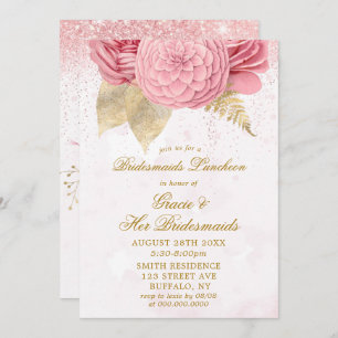 Blush roze glitter Bridesmaids Luncheon Uitnodigin