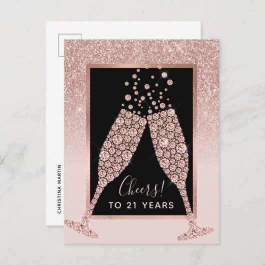 Blush Roze Glitter Champagne Toast 21e Verjaardag Briefkaart (Voorkant / Achterkant)