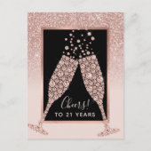 Blush Roze Glitter Champagne Toast 21e Verjaardag Briefkaart (Voorkant)