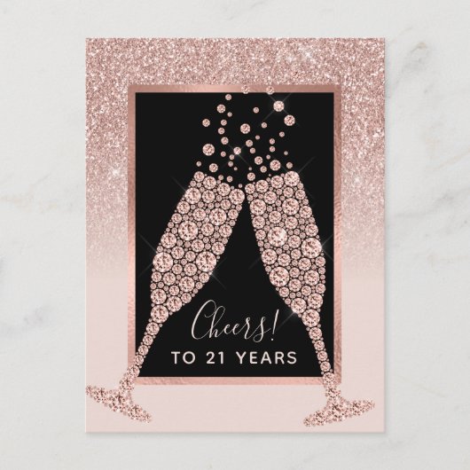 Blush Roze Glitter Champagne Toast 21e Verjaardag Briefkaart (Voorkant)