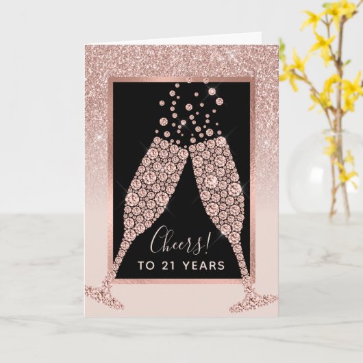 Blush Roze Glitter Champagne Toast 21e Verjaardag Kaart (Gele Bloem)