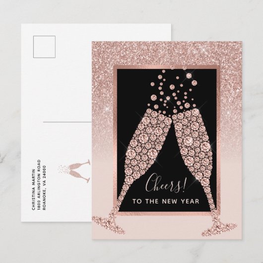 Blush Roze Glitter Champagne Toast Nieuwjaar Briefkaart (Voorkant / Achterkant)