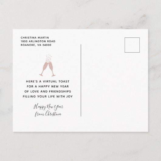 Blush Roze Glitter Champagne Toast Nieuwjaar Briefkaart (Achterkant)