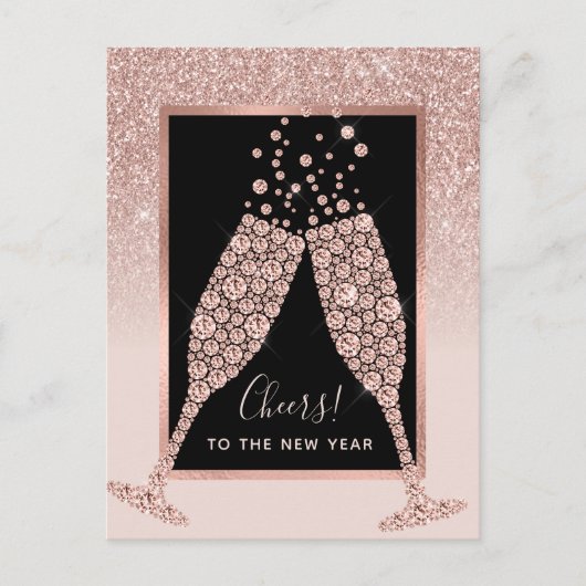 Blush Roze Glitter Champagne Toast Nieuwjaar Briefkaart (Voorkant)