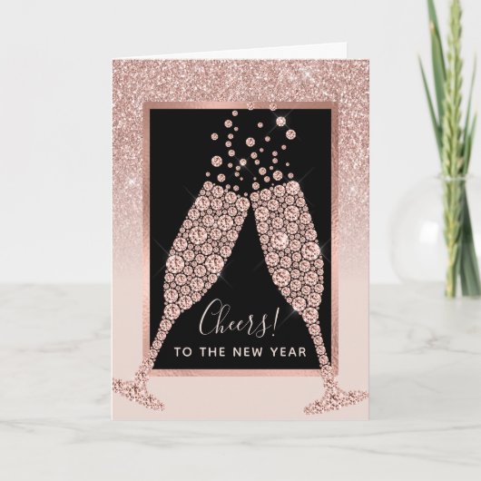 Blush Roze Glitter Champagne Toast Nieuwjaar Kaart (Voorkant)