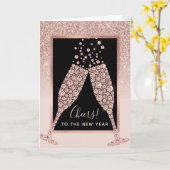Blush Roze Glitter Champagne Toast Nieuwjaar Kaart (Gele Bloem)