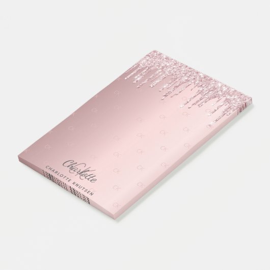 Blush roze glitter drip monogram initiaal post-it® notes (Schuin)