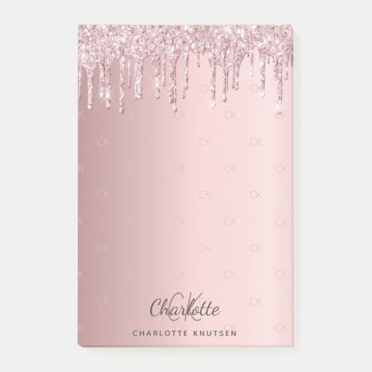Blush roze glitter drip monogram initiaal post-it® notes (Voorkant)