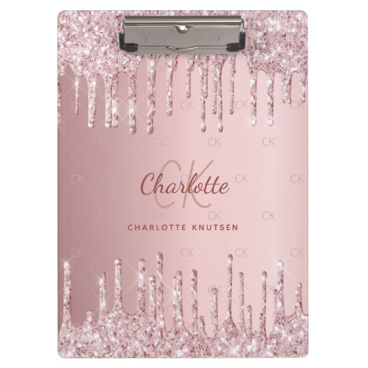 Blush roze glitter drip monogram script klembord (Voorkant)