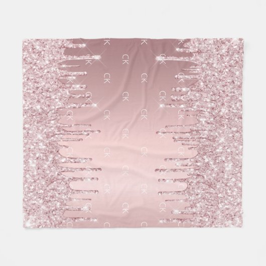 Blush roze glitter druipt sparkle monogram fleece deken (Voorkant (Horizontaal))