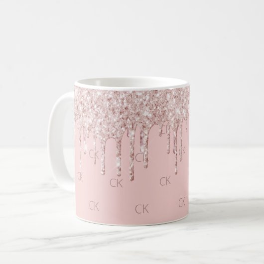 Blush roze glitter druipt sparkle monogram koffiemok (Voorkant links)