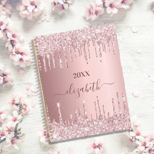 Blush roze glitter druppels monogram naam 2024 planner