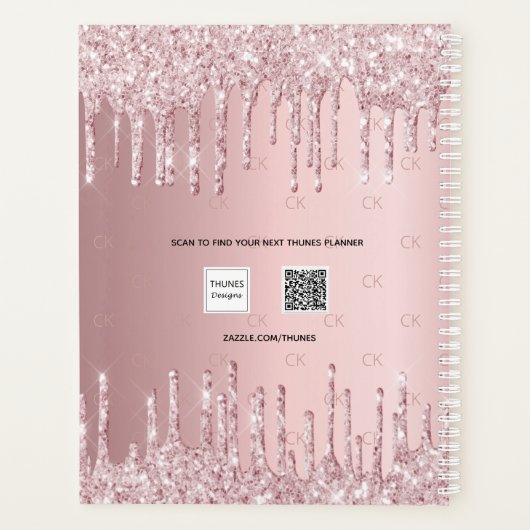 Blush roze glitter druppels monogram script 2025 planner (Achterkant)